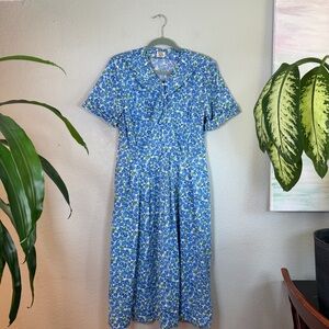 Vintage 50s Shelton Stroller Blue Green Floral Pleated Pussybow V Neck Dress L
